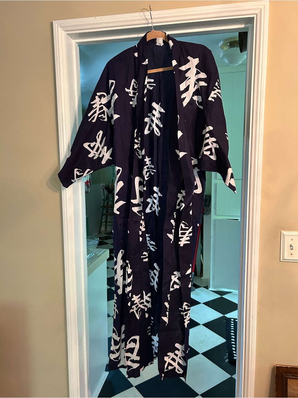 Vintage Navy & White Kanji Print Robe Men or Women’s